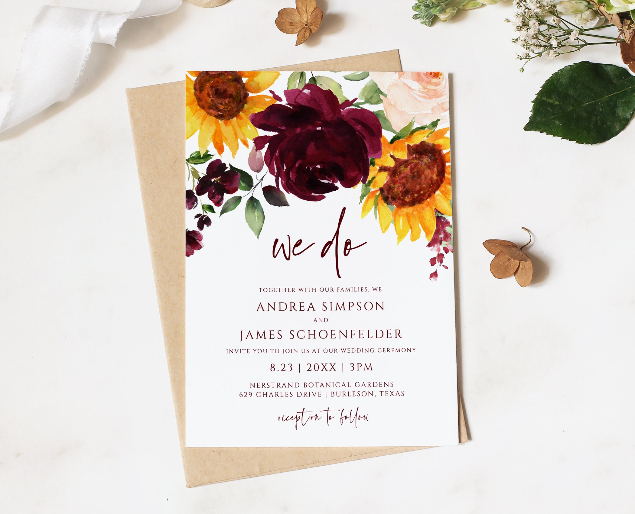 EDITABLE Templett Autumn Wedding Download as PDF Sunflowers & Burgundy Red Roses Table Numbers 4X6 Rustic Fall Wedding Table Numbers