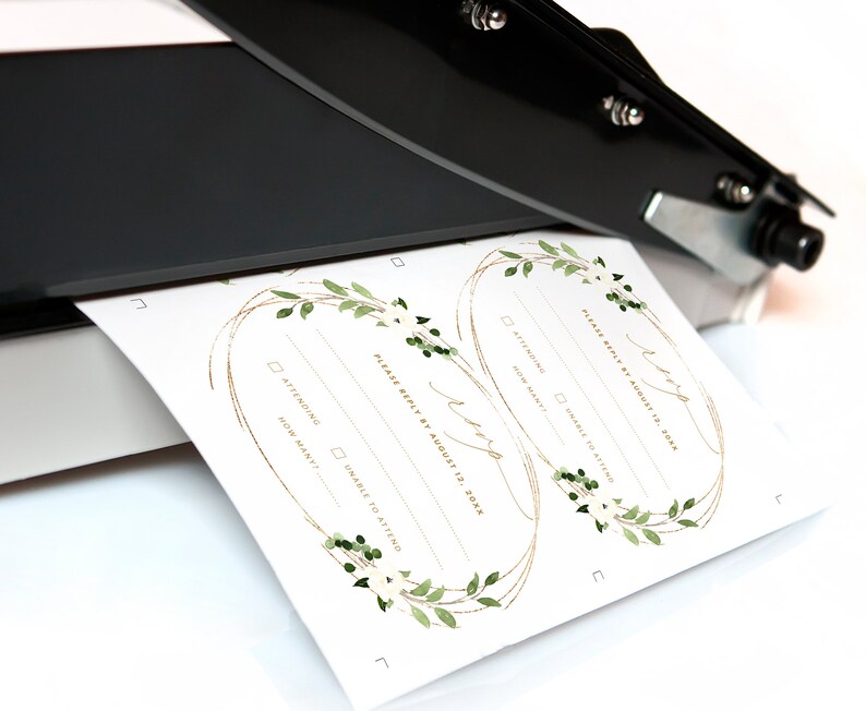 Wedding RSVP Card Template Geometric Greenery White Floral | Edit in your Browser Download /& Print Faux Gold Foil