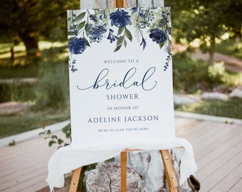 Navy Blue Bridal Shower Welcome Sign | Wedding Shower Sign Template | Wildflower Bouquet | EDITABLE Template | Download PDF | 16x20 18x24