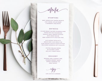 Plum / Purple Tall Simple Wedding Menu Template | Printable Wedding Menus | Flair Calligraphy | Edit Online in Templett | (4 x 9.25)