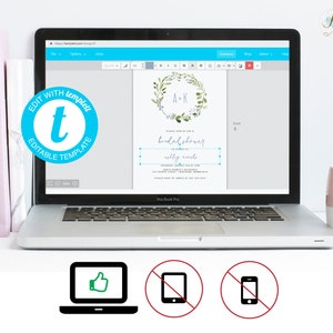 May include: A laptop computer screen displaying a bridal shower invitation template with a leafy wreath and the text "A+K bridal shower ashley ninchs". The template is on a website with a blue and white color scheme. The laptop is on a white surface.