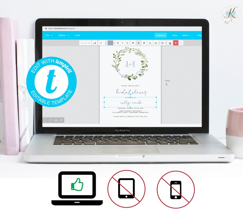 May include: A laptop computer screen displaying a bridal shower invitation template with a leafy wreath and the text "A+K bridal shower ashley ninchs". The template is on a website with a blue and white color scheme. The laptop is on a white surface.