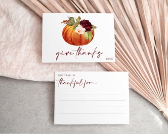 Thanksgiving dankbaar voor kaarten | Ik ben dankbaar voor kaarten | Thanksgiving decor of cadeau | Pompoen & Rozen| Bewerkbare Templett - Download PDF