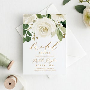 Bridal Shower Invitations Template Registry | Watercolor White and Eucalyptus Greenery Bridal Bouquet | Editable Templett | Download as PDF