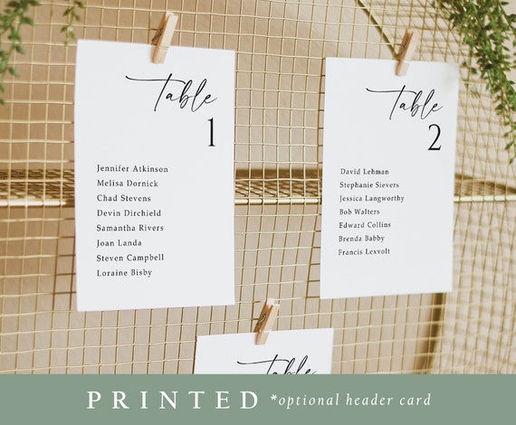 Modern Minimalist Wedding Seating Chart Cards: Custom Printed (4x6 or 5x7)