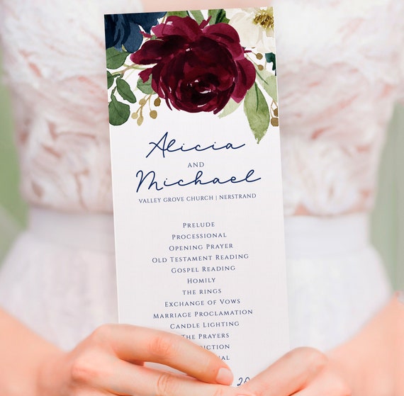 Burgundy Navy Blue Fall Wedding Program Template Printable Etsy