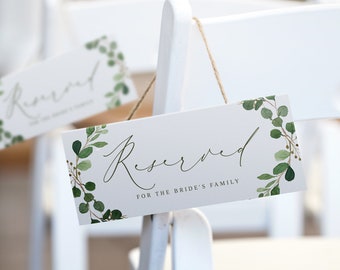 Reserved Sign Template (Tent or Hanging) | Printable Reserved Sign | Eucalyptus Leaves Greenery Wedding  | Templett-Editable DOWNLOAD as PDF