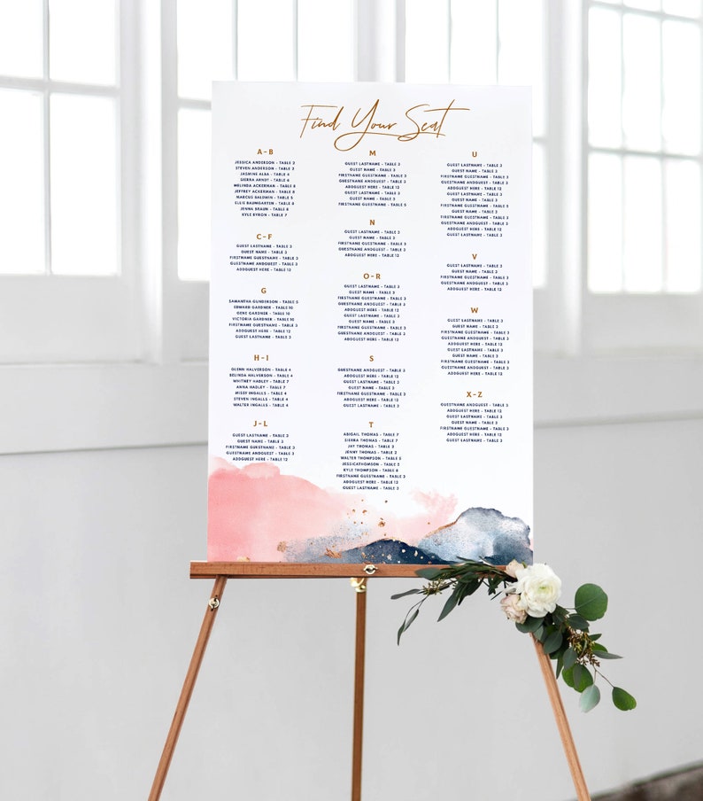 Alphabetical Seating Chart Template Poster 2 Sizes Wedding Seating Plan Templett Edit & Download PDF Mountain Mist Navy Blush image 1