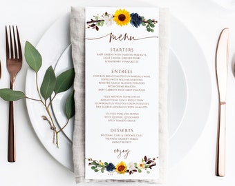 Rustic Fall Wedding Menus | SunflowerS Branch with Navy Blue Flowers | Boho Wedding Menus | EDITABLE Templett | (Tall 4 x 9.25)