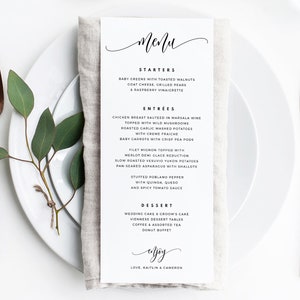 Tall Simple Wedding Menu Template | Printable Wedding Menus | Flair Calligraphy (Black) | EDIT ONLINE in Templett | (4 x 9.25)