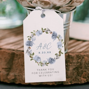 Dusty Blue Floral Wedding Favor Tags: Editable Text (PDF)