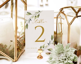 Wedding Table Numbers Template | Ethereal Greenery & Gold Watercolor Table Numbers | EDIT ONLINE in Templett | Download as PDF