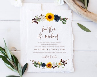 Sunflower Branch Wedding Invitation Template | Boho Fall / Autumn Wedding Sunflowers | Editable Templett - Download & Print as PDF