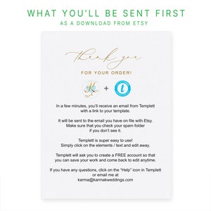 May include: A white card with gold text that says "Thank you for your order!" and includes the logos for Templett and Etsy. The text explains that the buyer will receive an email with a link to their template and instructions on how to use Templett.