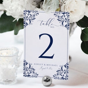 Vintage Navy Blue Wedding Table Numbers Template (Download PDF)