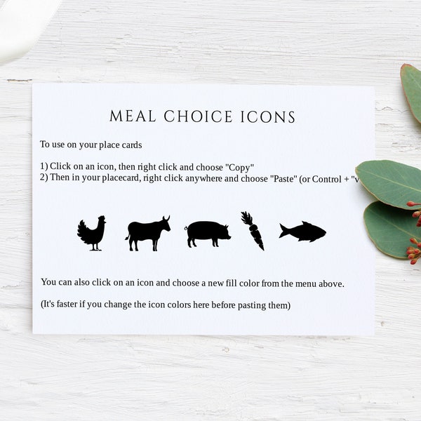 Meal Icons for Place Cards | *ONLY COMPATIBLE with TEMPLETT Place Cards* |  Food Selection Icons | for Wedding Meal Plans - Editable Color