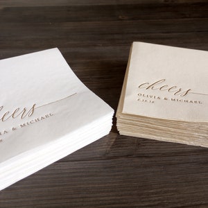 Personalized Wedding Napkins Cocktail Napkins Rehearsal Dinner Cheers Beverage Napkins Gold Foil Wedding Napkins image 3