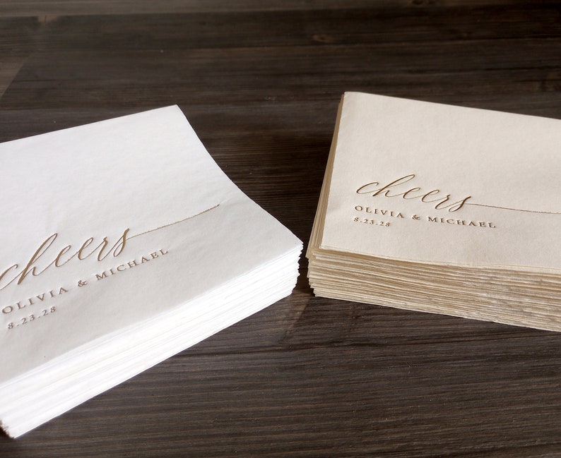 Personalized Wedding Napkins Cocktail Napkins Rehearsal Dinner Cheers Beverage Napkins Gold Foil Wedding Napkins image 3