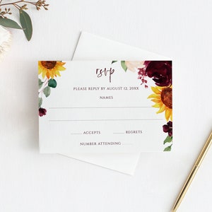 Sunflowers & Burgundy Roses RSVP Card Template | Sunflower Wedding | Fall Wedding RSVP Cards | Editable Templett - Download as PDF File