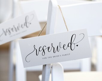 Reserved Sign Template | Reserved Card to Hang on Chairs | Wedding Reserved Card | Bounce Calligraphy | EDITABLE Templett - Download PDF