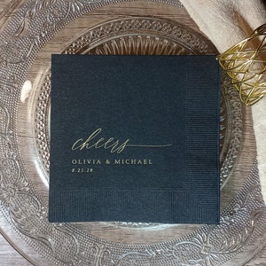Personalized Wedding Napkins: Black with Gold Foil Cheers Design