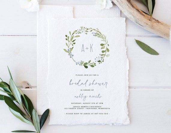 Rustic Wreath Bridal Shower Invitations: Editable Dusty Blue Template (PDF Print)
