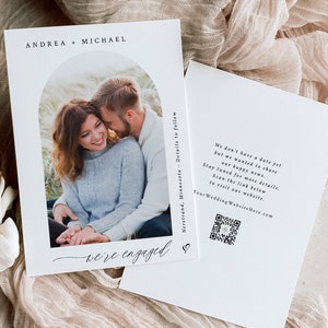 Anuncio de compromiso fotográfico, plantilla de compromiso, invitación al arco boho moderno, tarjeta de compromiso elegante, Templett editable, KKMR1 imprimible