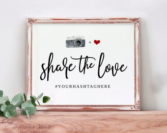 N'importe quelle couleur de mariage avec hashtag | Panneaux de mariage imprimables | Appareil photo aquarelle et coeur | Pinceau festif | MODIFICATION EN LIGNE à Templett - Télécharger