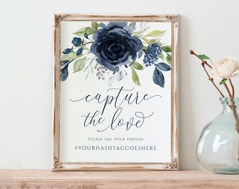 Wedding Hashtag Sign (2 Sizes) | Winter Wedding Navy & Silver Signs | EDITABLE Color Templett - Download as PDF - 8x10 and 5x7 - kk11