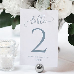 Dusty Blue Wedding Table Numbers Template | Printable Table Numbers | Bounce Calligraphy | Edit Online in Templett | 3x5, 4x6 and 5x7