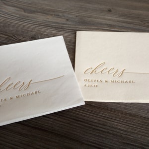 Personalized Wedding Napkins Cocktail Napkins Rehearsal Dinner Cheers Beverage Napkins Gold Foil Wedding Napkins image 2