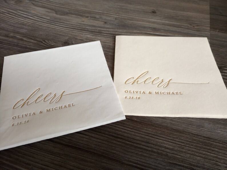 Personalized Wedding Napkins Cocktail Napkins Rehearsal Dinner Cheers Beverage Napkins Gold Foil Wedding Napkins image 2