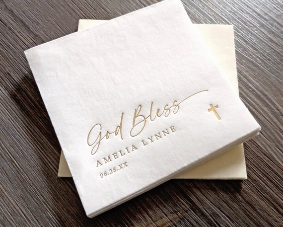Baptism Napkins | Baptism Decor | God Bless Napkins | Personalized Napkins | Gold Foil Baby Napkins | Simple Cross Napkins