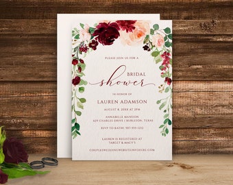 Burgundy Floral Arch Bridal Shower Invitations Template (Boho Garland) Instant Edit Online in Templett and Download PDF