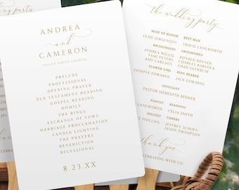 Wedding Program Fan Template  | Printable Program Fans | Edit Online in Templett | Vintage Calligraphy (Gold) 5 x 7 | Fully Editable