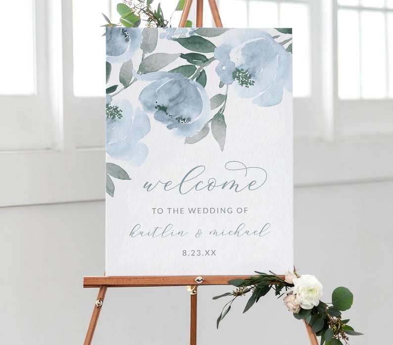 Wedding Welcome Sign Engagement Welcome Wedding Sign Template Edit Online in Templett Download PDF Soft Dusty Blue Watercolor zdjęcie 1