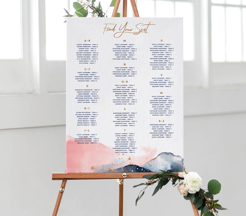 Alphabetical Seating Chart Template Poster 2 Sizes Wedding Seating Plan Templett Edit & Download PDF Mountain Mist Navy Blush image 2