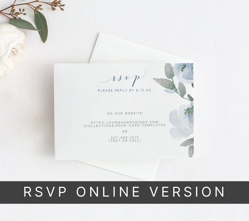 wedding rsvp online card template printable response card soft dusty blue wedding watercolor bouquet instant download editable text rsvp online card