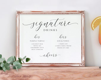 Luxury Wedding Signature Drinks Sign Template | Bar Menu | Printable Wedding Signs | Splendid Script | Templett - Download PDF 8x10