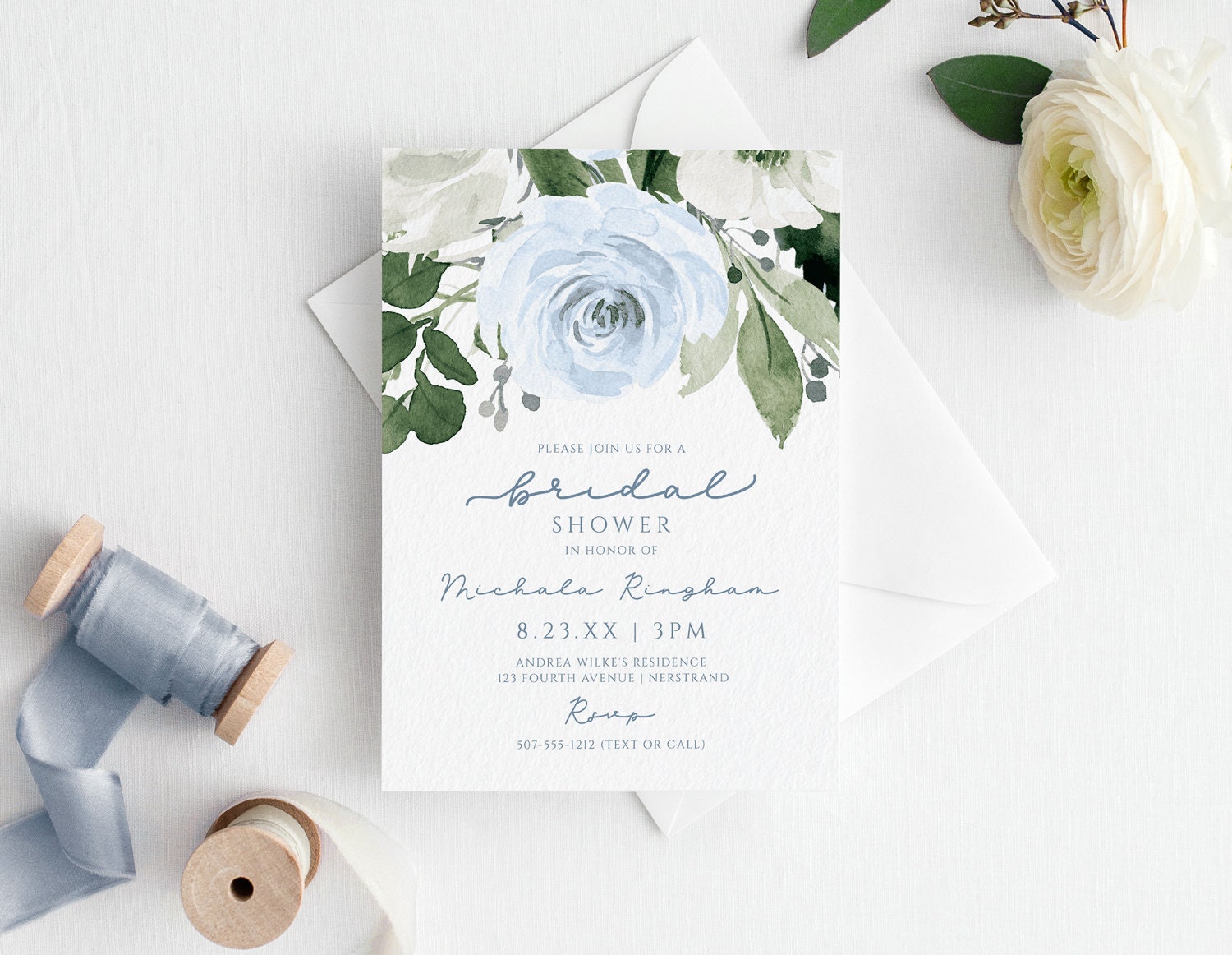 Dusty Blue Floral Bridal Shower Invitation Template (5x7, Edit Online)