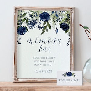 Pacchetto modello barra Mimosa - Carte per cartelli e tende - Bouquet di fiori di campo blu navy - 8x10, 5x7, etichetta per carte da tenda - Download modificabile Templett
