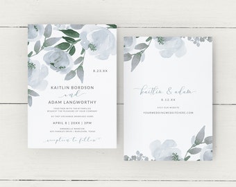 Dusty Blue Wedding Invitation Template | Soft Dusty Blue & Gray Watercolor Bouquet | EDIT ONLINE in Templett | Download PDF Print | w Back
