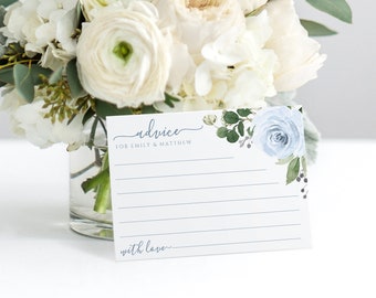 Tarjetas de consejos de boda DiY para la plantilla de novia/pareja - Descarga instantánea - TEXTO EDITABLE PDF - Ramo de novia en acuarela - Azul polvoriento