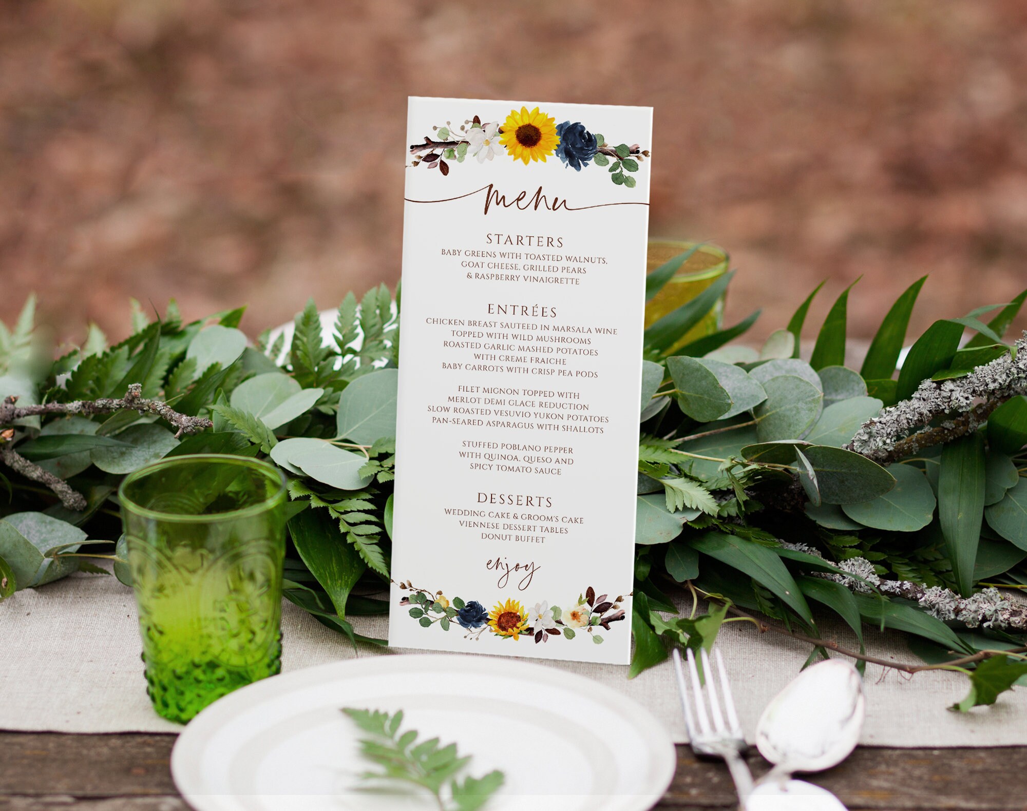 Rustic Fall Wedding Menus SunflowerS Branch with Navy Blue Etsy
