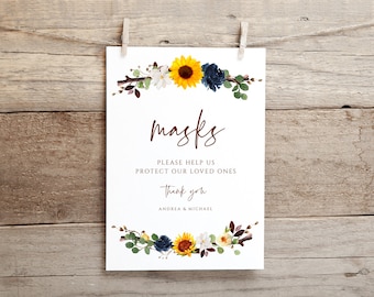 Social Distancing Take a Mask Sign for Events | Rustic Fall Sunflower Branch | Printable Wedding Signs | Editable Templett - Download PDF