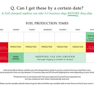 May include: A chart showing foil production times for foil-stamped napkins. The chart shows the days of the week and the production time for each day. The chart also includes information about shipping via UPS Ground. The text in the image reads: "Q. Can I get these by a certain date? A. Foil-stamped napkins can take 3-5 business days BEFORE they ship. FOIL PRODUCTION TIMES SUNDAY MONDAY TUESDAY WEDNESDAY THURSDAY FRIDAY SATURDAY DATE ORDERED "Not a business day No Shipping/Production" "Not a business day No Shipping/Production" PRODUCTION PRODUCTION PRODUCTION PRODUCTION PRODUCTION "Not a business day No Shipping/Production" "Not a business day No Shipping/Production" ORDER SHIPPED SHIPPING VIA UPS GROUND Overnight shipping is available at checkout I will not be able to tell you whether your foil-stamped items will be to you by a certain time if you need them soon, because production time can vary between 3-5 business days and UPS Ground shipping time varies depending on your location. *Production time is not started until I have your approval of a proof if you requested one (or if you ordered an item where I automatically send one) Please use the example calendar above to get an idea of whether you would be able to have these on time for your event :)"