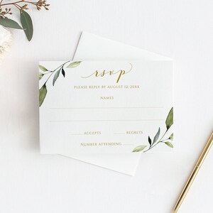 de Carte de confirmation de réponse pour mariage | Carte postale-réponse - De la verdure éthérée avec de l'or | MODIFIABLE Templett - Télécharger et imprimer