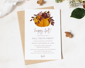 Fall Cocktail Party Invitations | Autumn or Thanksgiving Invitations | Pumpkin with Fall Leaves | EDITABLE Templett - 5x7 | Download PDF