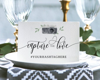 Wedding Hashtag Sign (4 X 6) | Wedding Signs | Watercolor Camera & Flair Calligraphy | EDITABLE ONLINE in Templett - 4x6, 5x7 and 8x10