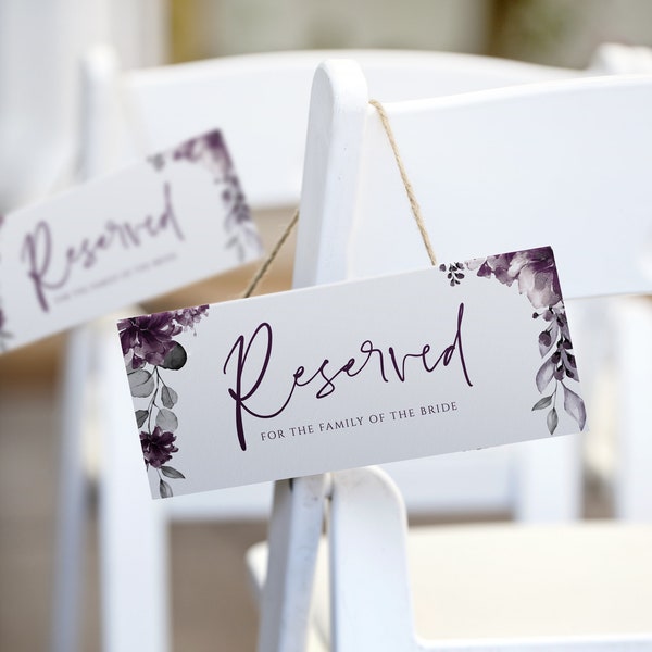 Purple Wedding Reserved Cards | Printable Reserved Signs | Secret Garden (Plum) | Tent or  Hanging Signs | Editable Templett | Download PDF